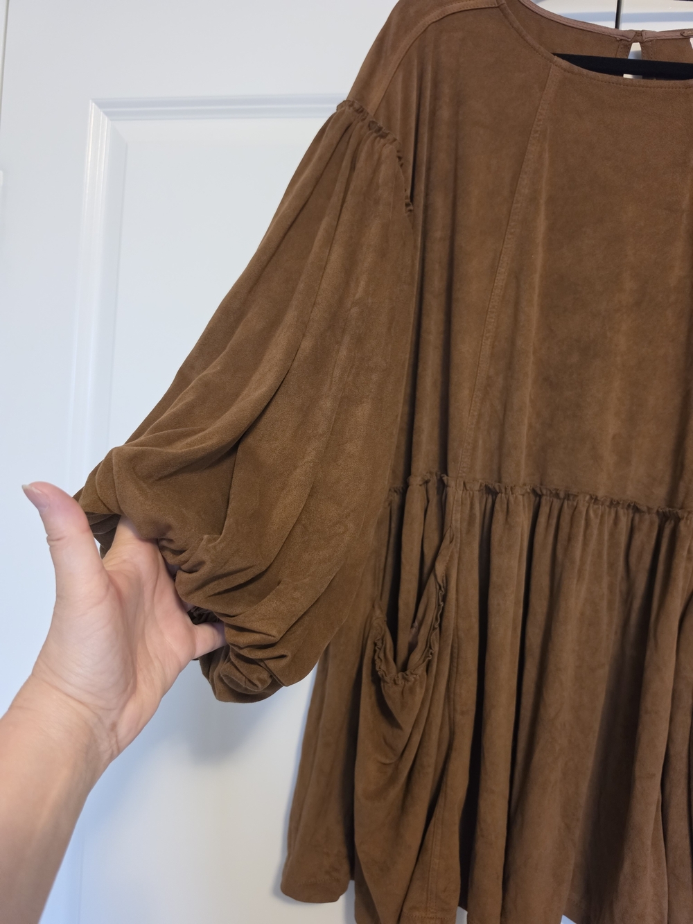 FREE PEOPLE ABBIE VEGAN SUEDE MINI DRESS BROWN SIZE L OVERSIZED BOHO - Picture 4 of 15